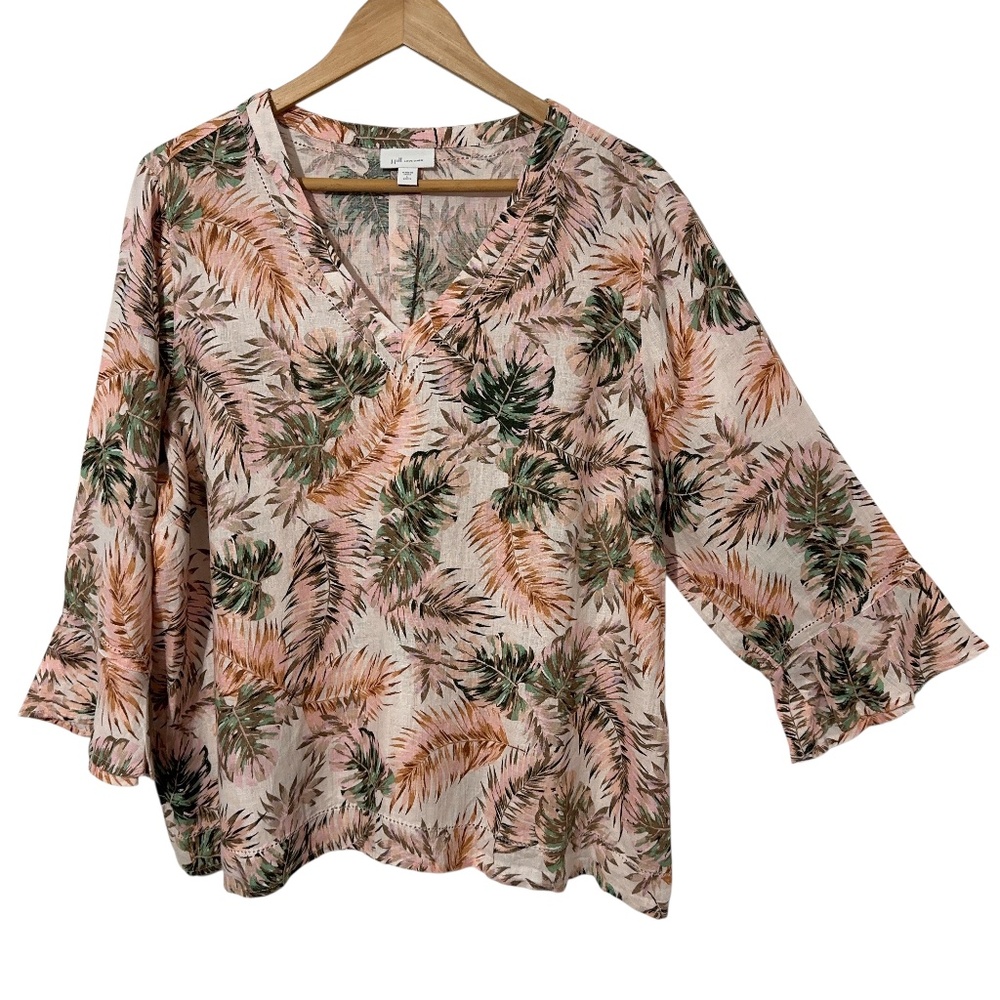 J Jill Love Linen Palm Leaf Motif Shirt Womens Size L Eyelet Trim Fall Casual